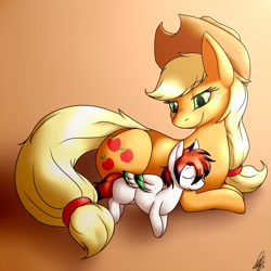 Size: 1000x1000 | Tagged: safe, artist:shikaro, applejack, oc, oc:twinwing, earth pony, pony, female, fetish, foal, mother and child, mother and son, parent and child, unbirthing, vore
