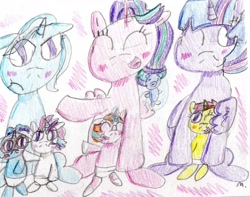 Size: 1976x1555 | Tagged: safe, artist:ptitemouette, derpibooru import, starlight glimmer, trixie, twilight sparkle, oc, oc:celeste shimmer, oc:galaxy trick, oc:stella moon, oc:sunny jewel, pony, brother and sister, female, magical lesbian spawn, male, mother and child, mother and daughter, mother and son, offspring, parent and child, parent:moondancer, parent:starlight glimmer, parent:sunburst, parent:sunset shimmer, parent:trixie, parent:twilight sparkle, parents:starburst, parents:sunsetsparkle, parents:trickdancer, siblings