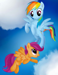 Size: 612x792 | Tagged: safe, artist:pklove-chan, rainbow dash, scootaloo, pegasus, pony, g4, cloud, cloudy, flying, scootaloo can fly