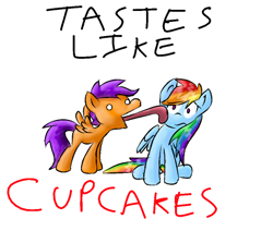 Size: 476x424 | Tagged: safe, artist:supersheep64, rainbow dash, scootaloo, pegasus, pony, fanfic:cupcakes, g4, licking, simple background, tongue out