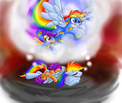 Size: 855x729 | Tagged: safe, artist:supersheep64, rainbow dash, scootaloo, pegasus, pony, g4, dream, goggles, sleeping, wonderbolts