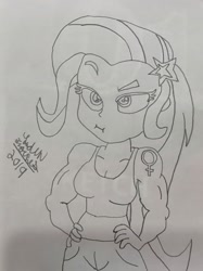 Size: 1533x2048 | Tagged: safe, artist:theanimefanz, derpibooru import, trixie, equestria girls, abs, female, female symbol, grand and muscular trixie, hand drawing, monochrome, solo, traditional art, twitter link