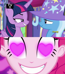 Size: 1912x2152 | Tagged: safe, derpibooru import, edit, pinkie pie, trixie, twilight sparkle, twilight sparkle (alicorn), alicorn, pony, unicorn, coinky-dink world, eqg summertime shorts, equestria girls, no second prances, female, heart eyes, lesbian, meme, now kiss, pinkie's eyes, shipper on deck, shipping, twixie, wingding eyes