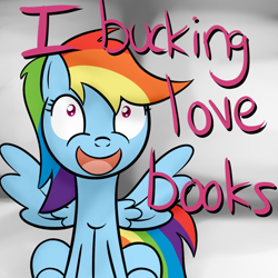 Size: 800x800 | Tagged: safe, artist:why485, rainbow dash, pegasus, pony, blue coat, blue wings, book, female, mare, multicolored mane, simple background, smiling, solo