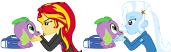 Size: 6691x2051 | Tagged: safe, derpibooru import, spike, sunset shimmer, trixie, dog, equestria girls, absurd resolution, backpack, bedroom eyes, eye contact, female, grin, heart eyes, hundreds of users filter this tag, love, lucky bastard, male, petting, shipping, simple background, smiling, spike the dog, spikelove, spixie, straight, sunsetspike, transparent background, vector, wingding eyes
