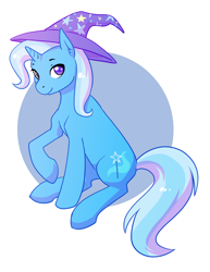 Size: 1280x1656 | Tagged: safe, artist:zaphy1415926, derpibooru import, trixie, pony, unicorn, abstract background, clothes, colored pupils, cute, diatrixes, ear fluff, female, hat, looking at you, mare, sitting, smiling, solo, trixie's hat