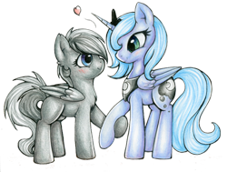 Size: 900x682 | Tagged: safe, artist:pingwinowa, princess luna, oc, oc:shadow, alicorn, pegasus, pony, canon x oc, heart, holding hooves, s1 luna, shipping, simple background, transparent background