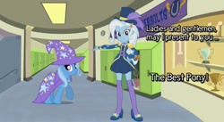 Size: 1208x662 | Tagged: safe, derpibooru import, trixie, unicorn, better together, equestria girls, street magic with trixie, adorasexy, barrette, beautiful, beautisexy, best pony, cape, clothes, cute, diatrixes, dressing, epaulettes, hairclip, hairpin, hat, high heels, jacket, legs, looking at you, presenting, school, sexy, shoes, smiling, socks, stockings, thigh highs, top hat, trixie's cape, trixie's hat, zettai ryouiki