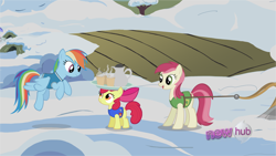 Size: 1920x1080 | Tagged: safe, artist:assiel, apple bloom, rainbow dash, roseluck, earth pony, pegasus, pony, winter wrap up, background pony, clothes, coffee, fake screencap, female, filly, flying, hub logo, looking up, mare, plant team, plough, smiling, snow, trio, vest, weather team, winter, winter wrap up vest