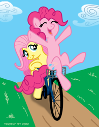 Size: 600x768 | Tagged: safe, artist:tim-kangaroo, fluttershy, pinkie pie, earth pony, pegasus, pony, bicycle, ride to conquer cancer