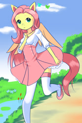 Size: 800x1200 | Tagged: safe, artist:drantyno, fluttershy, anthro, butterfly, clothes, dress, running, shoes, skirt, socks, solo, stockings, thigh highs, zettai ryouiki