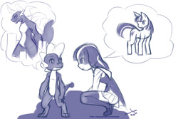 Size: 1024x683 | Tagged: safe, artist:drantyno, spike, twilight sparkle, anthro, clothes, conversation, crouching, cute, discussion, dream, monochrome, pleated skirt, rampage, shoes, sketchy, skirt, socks, thigh highs, zettai ryouiki