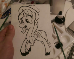 Size: 1280x1012 | Tagged: safe, artist:flowbish, derpibooru import, trixie, pony, unicorn, female, mare, monochrome, photo, solo, traditional art