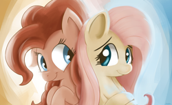 Size: 3250x2000 | Tagged: safe, artist:teknibaal, fluttershy, pinkie pie, pegasus, pony, back to back, bust, duo, female, high res, hooves to the chest, looking at each other, looking sideways, mare, smiling