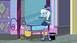 Size: 1920x1080 | Tagged: safe, derpibooru import, screencap, spike, spike the regular dog, trixie, dog, better together, equestria girls, street magic with trixie, barrette, beautiful, clothes, cute, cylinder, diatrixes, dressing, epaulettes, female, hairclip, hairpin, hat, high heels, jacket, legs, looking at you, magic trick, playing card, shoes, skirt, smiling, socks, solo, standing, stockings, thigh highs, top hat, zettai ryouiki