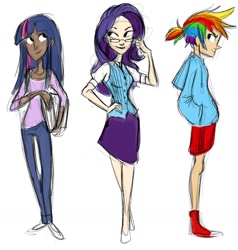 Size: 1600x1683 | Tagged: safe, artist:harpymarx, derpibooru import, rainbow dash, rarity, twilight sparkle, clothes, converse, glasses, humanized, shoes, skinny, skirt