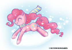 Size: 1333x916 | Tagged: safe, artist:bethwhowishes, pinkie pie, earth pony, pony, clothes, scarf, snow, snowfall, solo