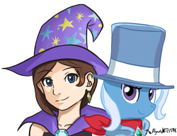 Size: 1300x1000 | Tagged: safe, artist:thealjavis, derpibooru import, trixie, human, pony, unicorn, ace attorney, clothes swap, crossover, female, mare, trucy wright