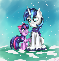 Size: 1750x1800 | Tagged: dead source, safe, artist:shamanguli, shining armor, twilight sparkle, pony, unicorn, clothes, filly, hair bow, scarf, snow, snowfall, younger