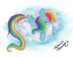 Size: 900x702 | Tagged: safe, artist:caramelflower, rainbow dash, pegasus, pony, blue coat, cloud, female, mare, multicolored mane, sleeping, solo