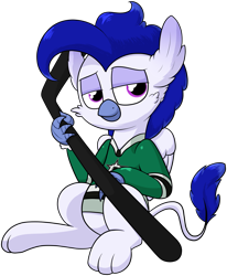 Size: 1673x2028 | Tagged: safe, artist:moonatik, derpibooru import, oc, oc:geddy, griffon, clothes, commission, dallas stars, griffon oc, hockey jersey, hockey stick, male, simple background, sitting, solo, transparent background, wings