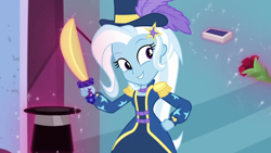 Size: 1920x1080 | Tagged: safe, derpibooru import, screencap, trixie, better together, equestria girls, street magic with trixie, beautiful, cute, deck of cards, diatrixes, epaulettes, hat, magic, sword, telekinesis, top hat, weapon