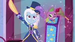 Size: 1142x643 | Tagged: safe, derpibooru import, screencap, spike, spike the regular dog, trixie, dog, better together, equestria girls, street magic with trixie, box, box sawing trick, clothes, cropped, female, hat, magic, magic trick, male, shorts, smiling, sword, top hat, weapon