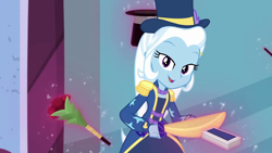 Size: 1920x1080 | Tagged: safe, derpibooru import, screencap, trixie, better together, equestria girls, street magic with trixie, bouquet, cute, deck of cards, diatrixes, hat, magic, sword, telekinesis, top hat, weapon