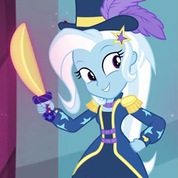 Size: 1077x1078 | Tagged: safe, derpibooru import, screencap, trixie, better together, equestria girls, street magic with trixie, barrette, clothes, costume, cropped, cute, diatrixes, dress, epaulettes, hairclip, hairpin, hat, magic, magic glow, outdoors, smiling, sword, top hat, weapon