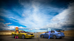 Size: 1920x1080 | Tagged: safe, artist:nsdrift, derpibooru import, sunset shimmer, trixie, equestria girls, car, ford, ford mustang, subaru, subaru impreza