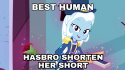 Size: 960x540 | Tagged: safe, derpibooru import, edit, edited screencap, screencap, trixie, better together, equestria girls, street magic with trixie, best human, caption, image macro, meme, solo, text