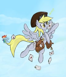 Size: 1000x1167 | Tagged: safe, artist:juanrock, derpy hooves, rainbow dash, pegasus, pony, bag, duo, female, flying, letter, mare, mouth hold, saddle bag