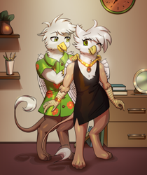 Size: 2480x2952 | Tagged: safe, artist:klooda, derpibooru import, oc, oc:mizzy, oc:rené de artois, griffon, clothes, colored, couple, detailed, dress, duo, female, flat colors, griffon oc, interior, jewelry, lineart, male, necklace, one eye closed, smiling, soft color, standing, wink
