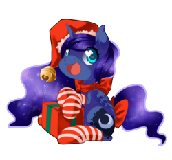 Size: 806x750 | Tagged: safe, artist:loyaldis, princess luna, alicorn, pony, bow, christmas, clothes, cute, filly, happy, lunabetes, open mouth, present, santa hat, santa woona, simple background, sitting, smiling, socks, solo, striped socks, tail bow, transparent background, woona