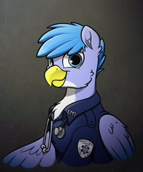 Size: 2420x2892 | Tagged: source needed, useless source url, safe, artist:selenophile, derpibooru import, oc, oc only, oc:feather cross, griffon, chest fluff, clothes, emt, griffon oc, male, pale belly, quadrupedal, solo, stethoscope, uniform