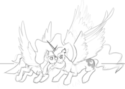 Size: 1204x855 | Tagged: safe, artist:jykinturah, princess luna, twilight sparkle, twilight sparkle (alicorn), alicorn, pony, blind, female, grayscale, lesbian, mare, monochrome, nuzzling, shipping, twiluna