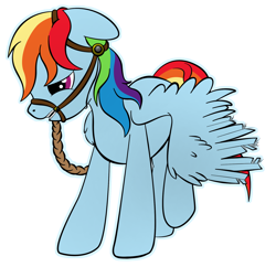 Size: 1660x1604 | Tagged: safe, artist:zomgitsalaura, rainbow dash, pegasus, pony, bit, bridle, clipped wings, dashed rainbow, sad, simple background, solo, tack, transparent background