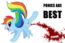 Size: 650x426 | Tagged: artist needed, safe, rainbow dash, pegasus, pony, blood, female, looking at you, menstrual blood, menstruation, op is a cuck, pun, simple background, solo, white background