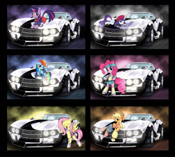 Size: 1280x1146 | Tagged: safe, artist:oblitor, derpibooru import, applejack, fluttershy, pinkie pie, rainbow dash, rarity, twilight sparkle, earth pony, pegasus, pony, unicorn, car, mane six, wallpaper