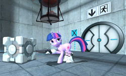 Size: 800x485 | Tagged: safe, artist:chris3123, derpibooru import, twilight sparkle, 3d, companion cube, gmod, long fall horseshoe, portal (valve), portal gun