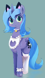 Size: 900x1530 | Tagged: safe, artist:kolshica, princess luna, alicorn, pony, bell, bell collar, blushing, bra, bra on pony, cat bell, cat ears, cat keyhole bra set, cat lingerie, choker, clothes, collar, cute, female, lingerie, looking at you, lunabetes, mare, s1 luna, smiling, socks, solo, thigh highs, underwear