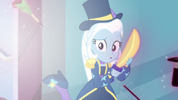 Size: 1280x720 | Tagged: safe, derpibooru import, screencap, trixie, better together, equestria girls, street magic with trixie, sword, weapon