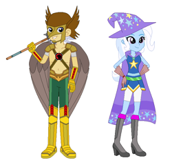 Size: 652x630 | Tagged: safe, artist:karalovely, derpibooru import, trixie, oc, oc:silver quill, equestria girls, clothes, cosplay, costume, dc comics, hawkman