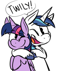 Size: 600x700 | Tagged: safe, artist:karpet-shark, shining armor, twilight sparkle, twilight sparkle (alicorn), alicorn, pony, unicorn, brother and sister, female, hug, hug from behind, male, mare, siblings, twily-daily, wink