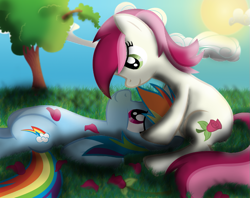 Size: 889x703 | Tagged: safe, artist:spectradash, rainbow dash, roseluck, pegasus, pony, female, lesbian, rose, rose petals, rosedash, shipping