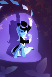 Size: 441x650 | Tagged: safe, artist:tomatocoup, derpibooru import, trixie, pony, unicorn, ace of diamonds, bipedal, clothes, female, hat, hoof hold, hooves, mare, playing card, raised hoof, raised leg, smiling, stage, top hat, tuxedo, wip