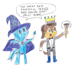 Size: 1640x1462 | Tagged: safe, artist:dth1971, derpibooru import, trixie, pony, cape, clothes, crayon drawing, crossover, crown, hat, jewelry, magic wand, regalia, sally acorn, scepter, sonic the hedgehog (series), traditional art, trixie's cape, trixie's hat