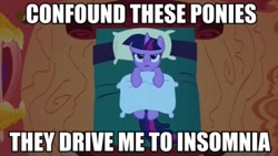 Size: 500x282 | Tagged: safe, derpibooru import, twilight sparkle, unicorn twilight, unicorn, confound these ponies, golden oaks library, image macro, pillow, solo, the dover boys