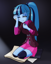 Size: 2048x2560 | Tagged: safe, artist:slackerburst, sonata dusk, equestria girls, bandaid, clothes, crying, female, kneeling, lidded eyes, one eye closed, sad, socks, solo, sweater, thigh highs