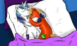 Size: 5000x3000 | Tagged: safe, artist:neonstreaksns, big macintosh, shining armor, earth pony, pony, unicorn, absurd resolution, adultery, bed, blanket, crying, cuddling, gay, infidelity, liquid pride, male, shiningmac, shipping, sleeping, snuggling, stallion, tears of joy